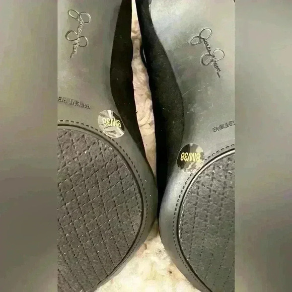 Jessica Simpson black suede like open toe elastic strap heels - Picture 7 of 10